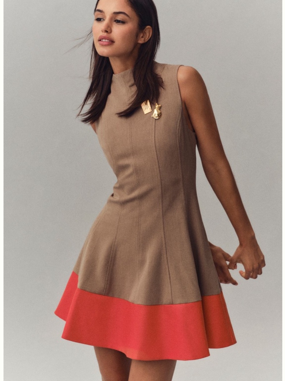 🟠NWT MAEVE by ANTHROPOLOGIE Faux Leather Mock-Neck Mini Dress in Brown/Red LARGE